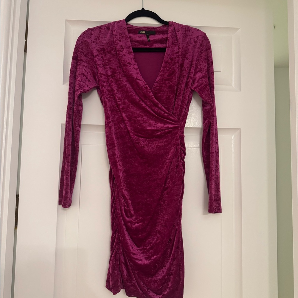 Maje Fuchsia Velvet Long Sleeve Dress - Picture 2 of 4